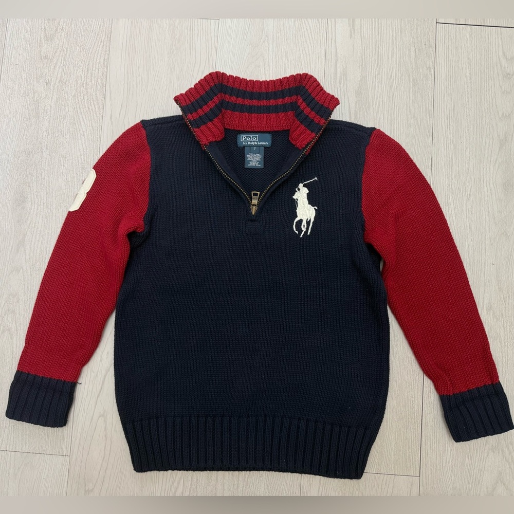 Polo Ralph Lauren Red & Navy 1/4 Zip Sweater! Embroidered RL Big Pony! Sz.7